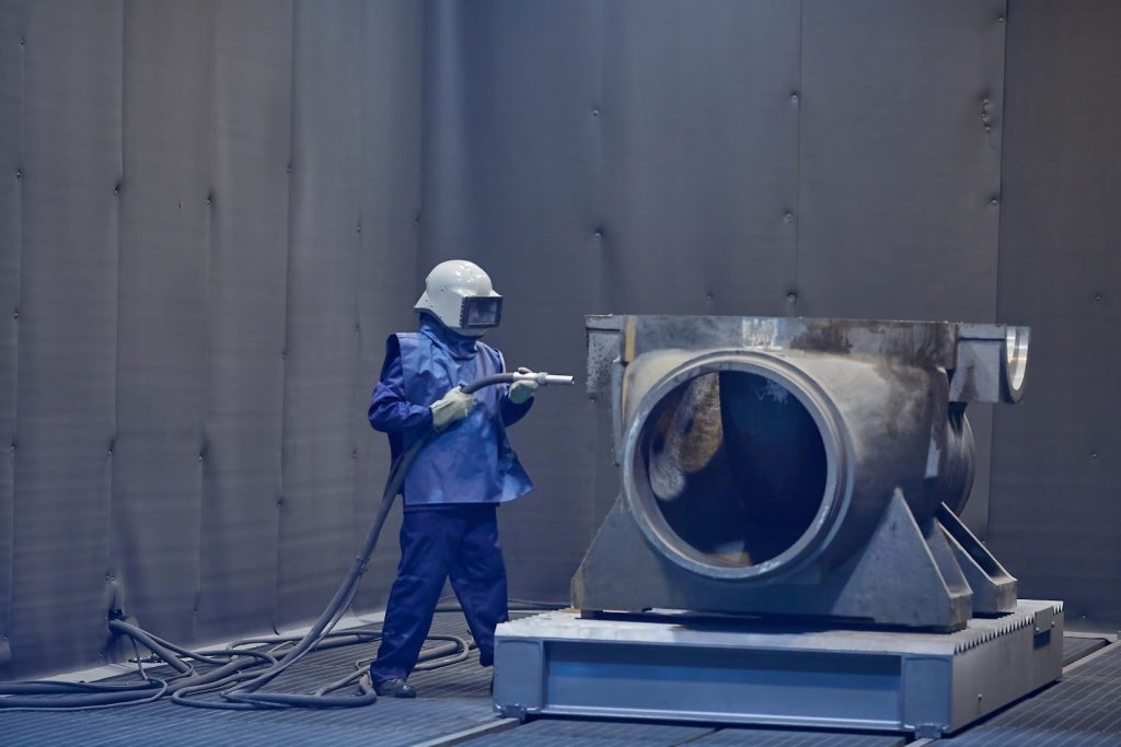 Worker Blasting Industrial Equipment, Dry Ice Blasting Vs Glass Bead Blasting