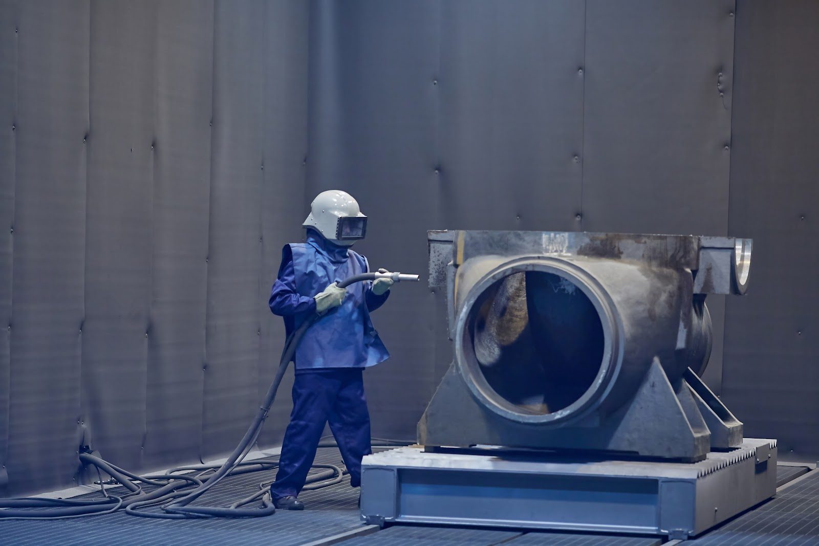 Worker blasting industrial equipment, dry ice blasting vs glass bead blasting